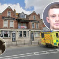 Brown, above, was jailed after the gun, inset left, was found in a room at The George Hotel. Pictures: Dorset Police/Google.