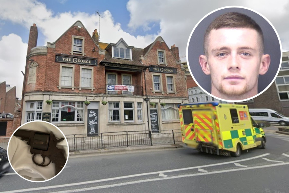 Brown, above, was jailed after the gun, inset left, was found in a room at The George Hotel. Pictures: Dorset Police/Google.