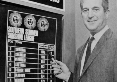 Southern Television’s weather forecaster, Trevor Baker, shows Swanage beating its rival Shanklin to top place in the Southern Summer Sunshine League for May-September 1968