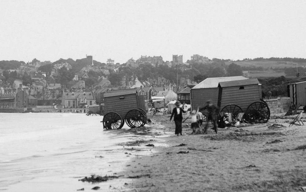 Bathing machines on Swanage beach in 1910. Photos courtesy of Swanage Museum/Dovecote Press