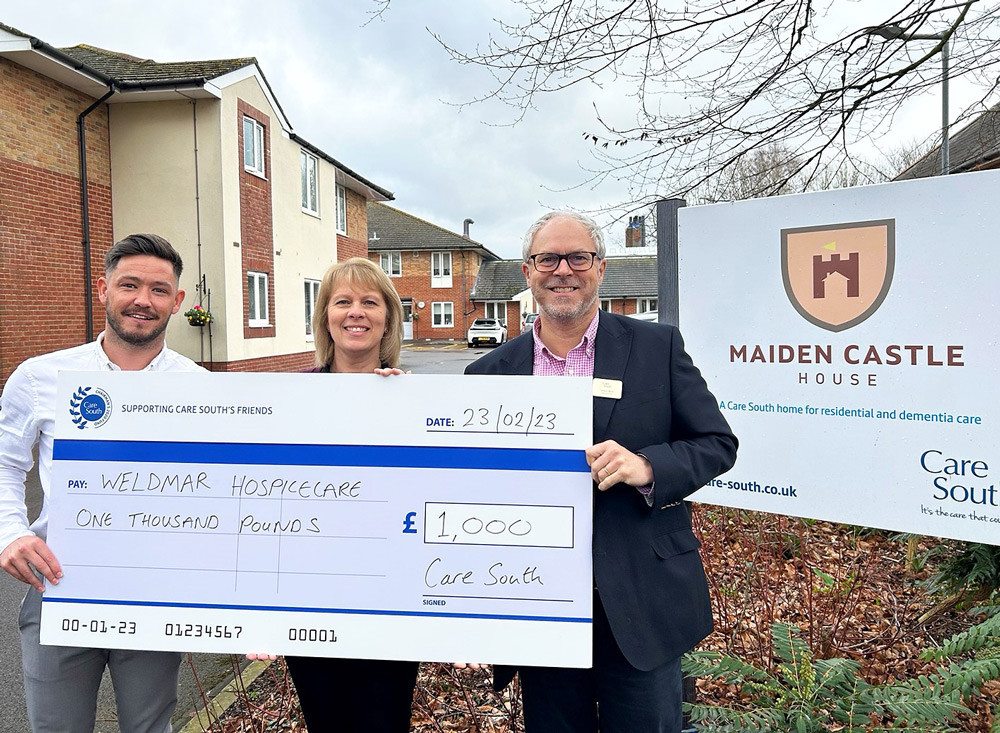 Ashley Smith (left), home manager at Maiden Castle House, Tracey Gent, Weldmar Hospicecare fundraiser and Simon Bird, chief executive officer of Care South