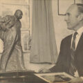 Sir Langford-Holt admiring the bronze maquette of Sir Winston Churchill