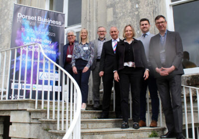 Ian Girling, Dorset Chamber’s chief executive, pictured centre, with speakers and sponsors at Kingston Maurward College