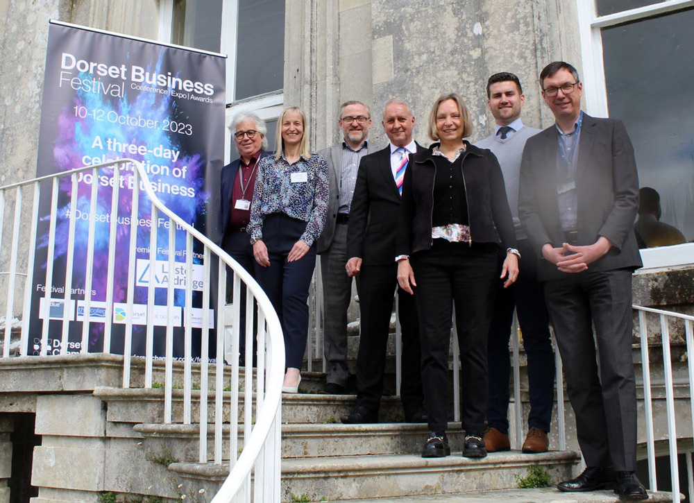 Ian Girling, Dorset Chamber’s chief executive, pictured centre, with speakers and sponsors at Kingston Maurward College