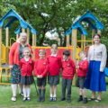 Pupils in the new area with headteacher Christine Chambers, right, and Louise Jones, grants manager at TVT, left