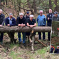 Members of the Men's Shed group with the log that became the amazing totem pole, inset