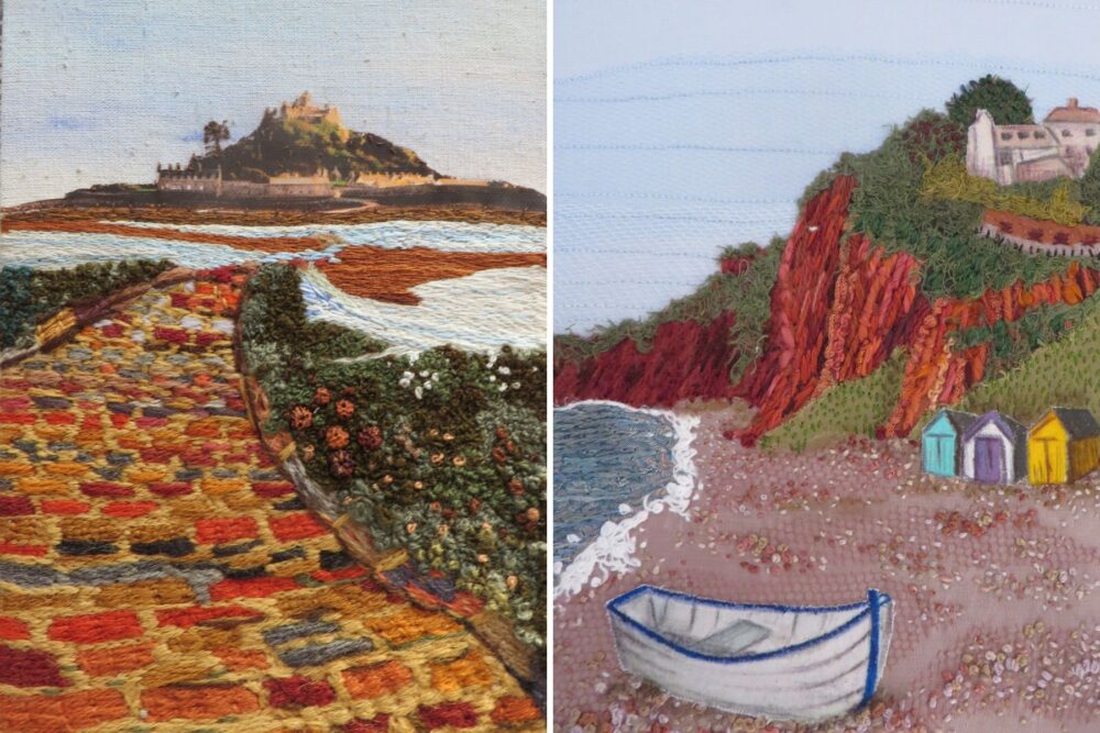 Panels showing St Michael's Mount and Causeway and Budleigh Salterton