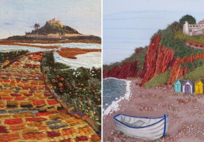 Panels showing St Michael's Mount and Causeway and Budleigh Salterton