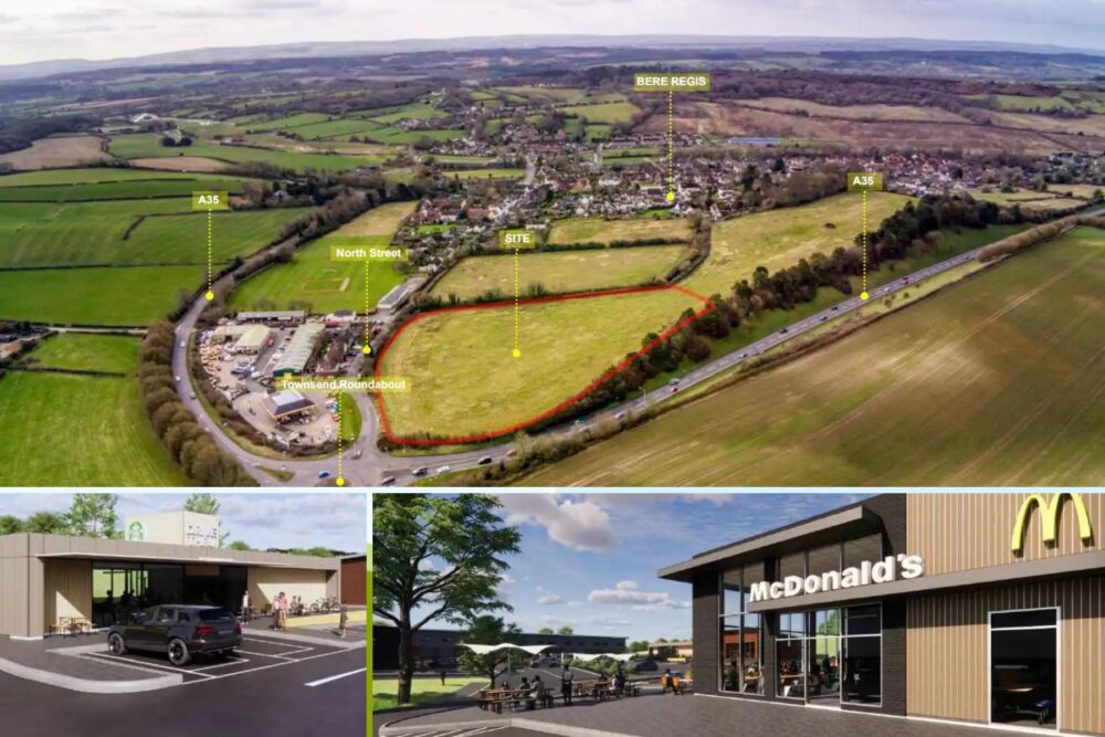 The plan could see McDonald's, Starbucks and more open near Bere Regis. Pictures: Godwin Developments/Dorset Council