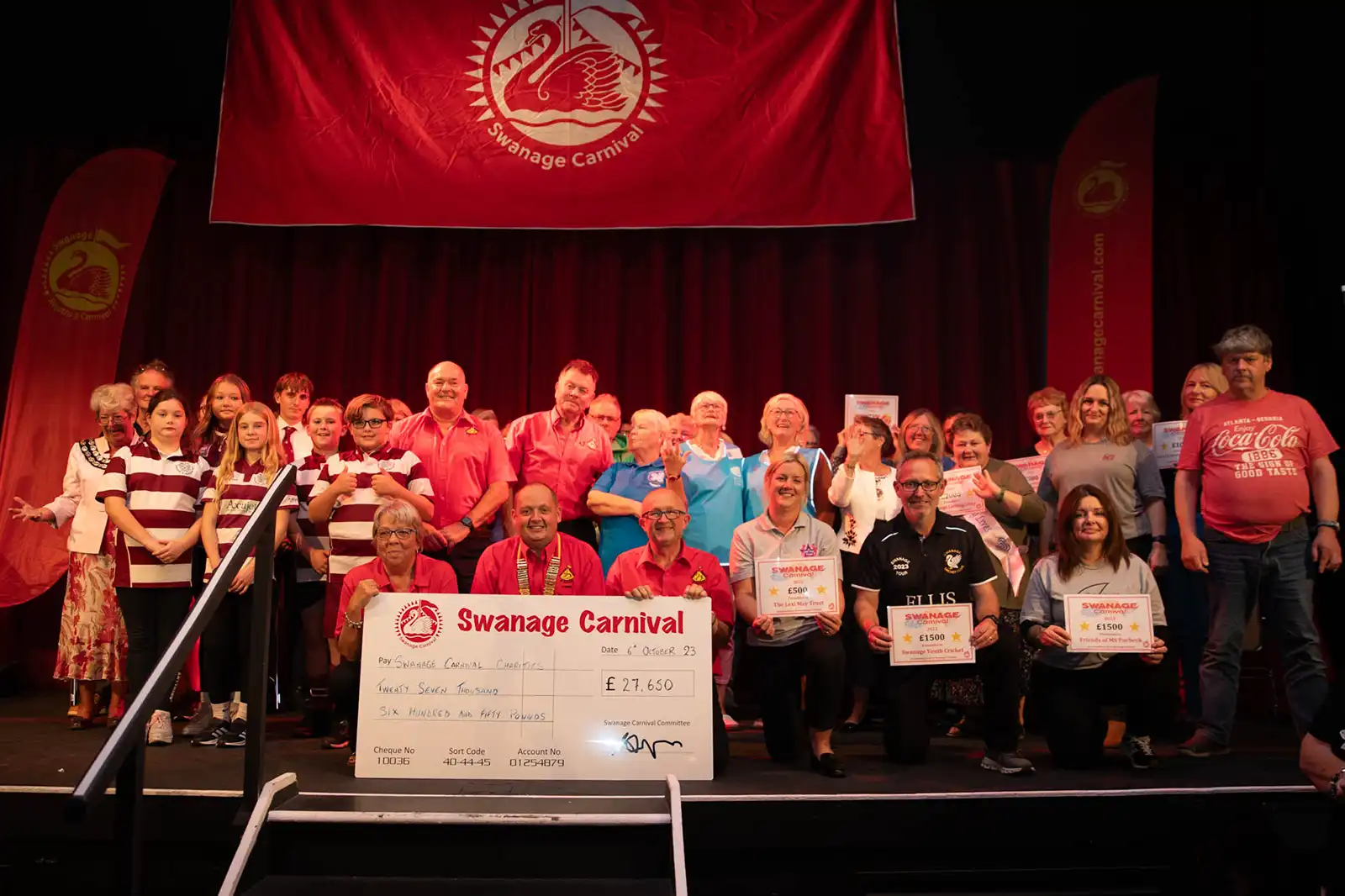 Committee members with representatives of the groups that received donations from Swanage Carnival