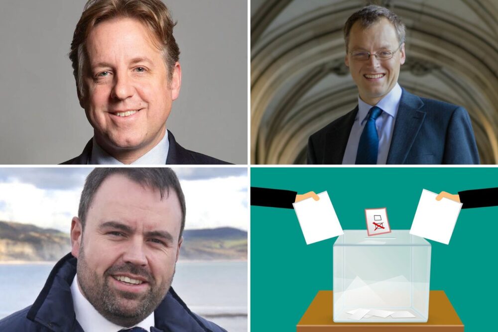 Clockwise from top left: Marcus Fysh, Michael Tomlinson and Chris Loder would face a battle to keep their seats, according to YouGov