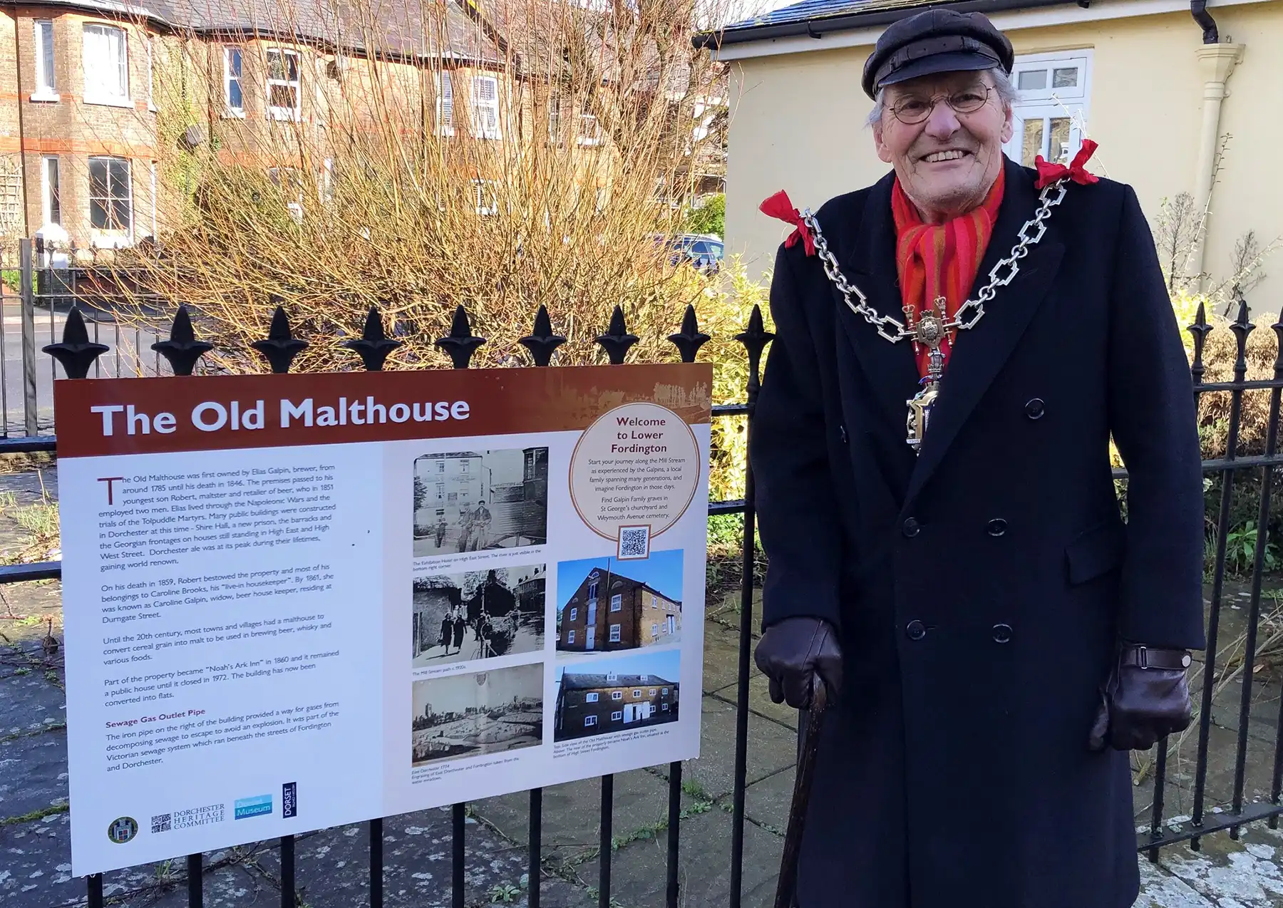 Mayor of Dorchester, Cllr Alistair Chisholm, with one of the new information boards