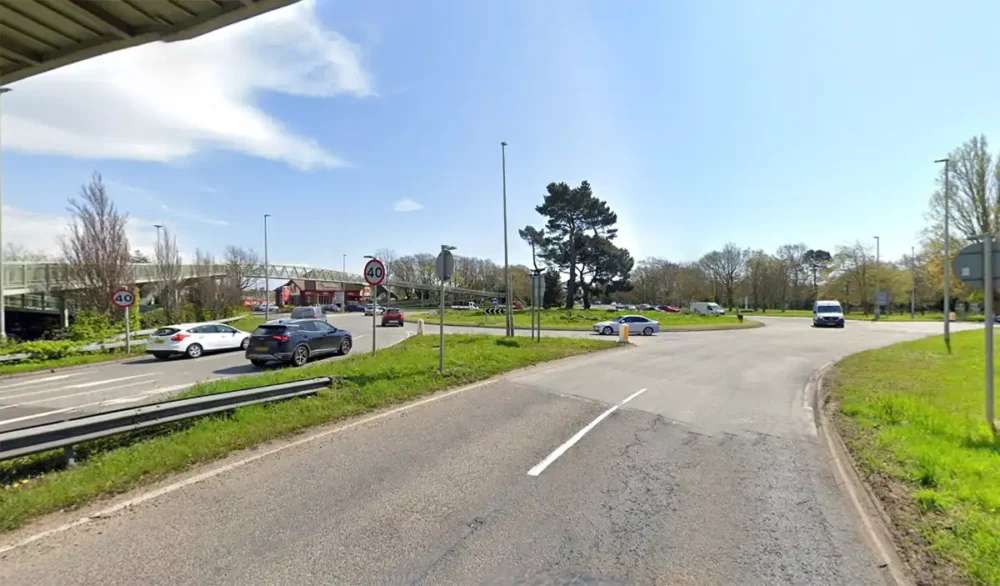 A car was found stuck on a safety barrier at the Somerford Roundabout in Christchurch. Picture: Google