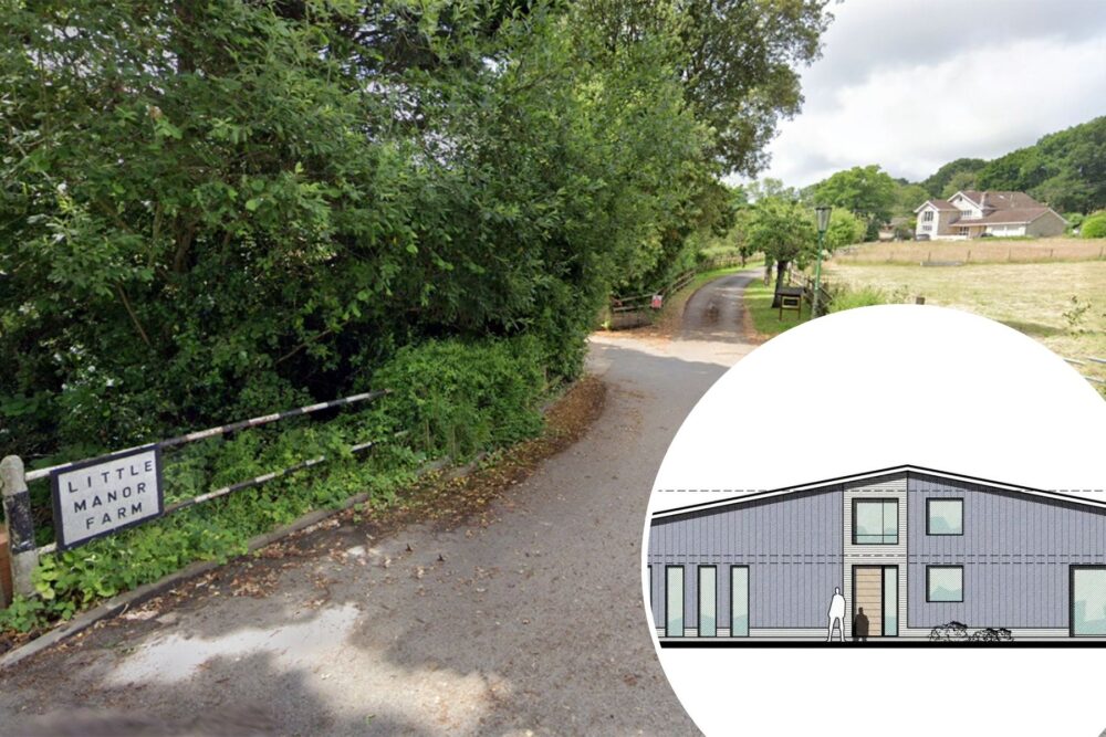 The barn, at Little Manor Farm in Corfe Mullen, could be transformed into five family homes