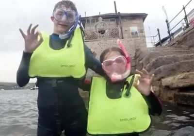 Doug Skinner’s grandchildren Flynn, 13, and Molly, 10, ready to snorkel