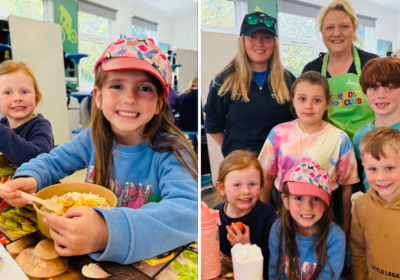 Pictured right Gemma Edwards from Cumulus Outdoor Residential Centre and Andria Glasgow from the Friendly Food Club with some of the children who took part in the cooking session Picture: The Friendly Food Club